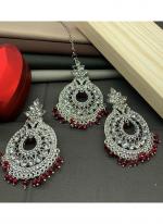 Maroon Silver Stone Studded Earrings With Maang Tikka